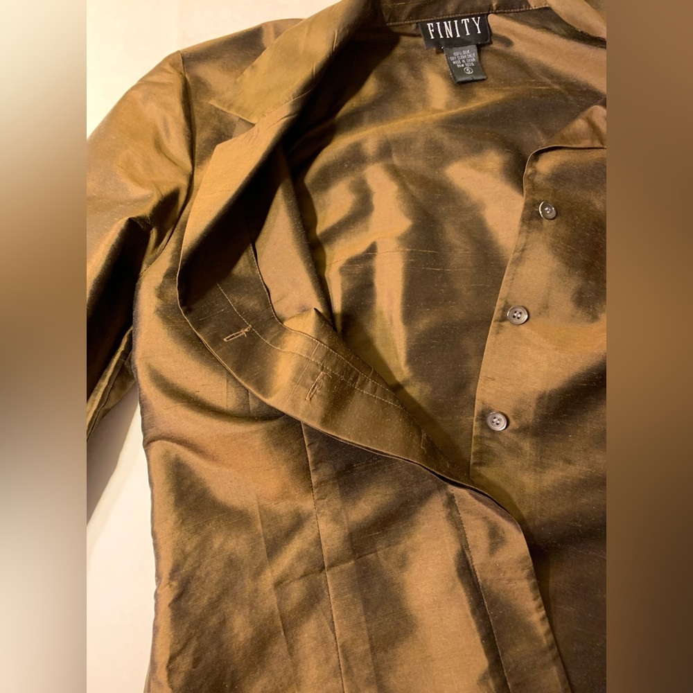 EUC Silk Top: "Shacket" - Shirt/Jacket, Shimmery Bronze, Button-Down w Placket - Picture 7 of 11